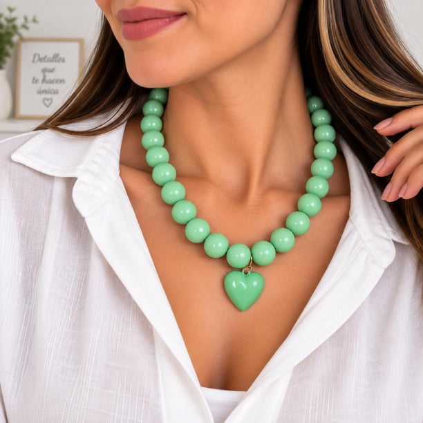 Collar Chicle Chunky De Cuentas Grandes Corazón Unisex verde 22