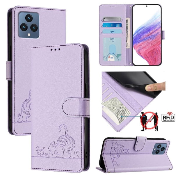 Funda tipo cartera FOXDOCK para T-Mobile Revvl 6X 5G con soporte, ranuras, RFID, diseño de gato
