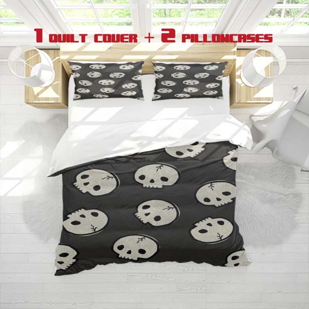 3pcss Cartoon Skull Print 3pcs Bedding Soft Duvet Cover And Two Pillowcases