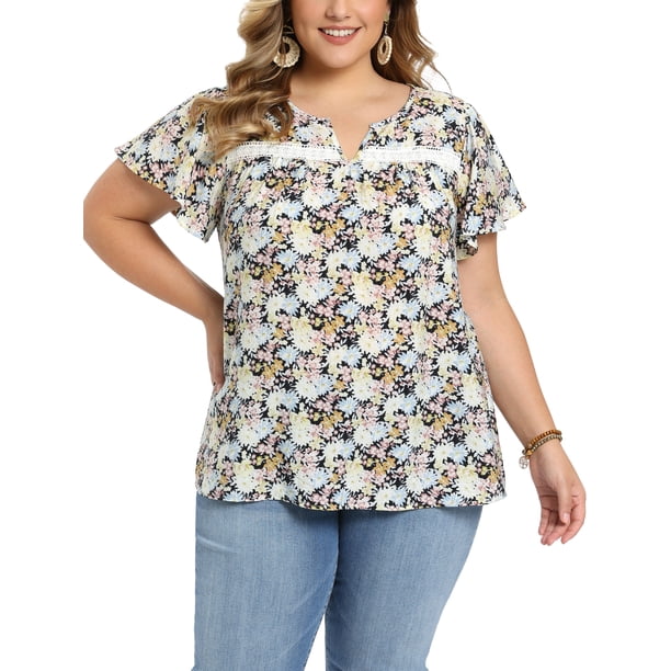GRACE & GRANDEUR Blusa Floral de Pascua para Mujeres de Talla Grande con Cuello en V, Ribete de Encaje y Mangas con Volantes para Verano, Casual, Talla 2X, Negro