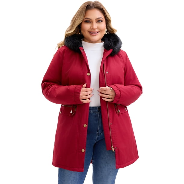 Abrigo Parka para Mujer de Talla Grande Agnes Orinda Rompevientos con Capucha de Piel Sintética, Cordón, Forro Polar, Cremallera y Botones con Bolsillos 1X Burdeos
