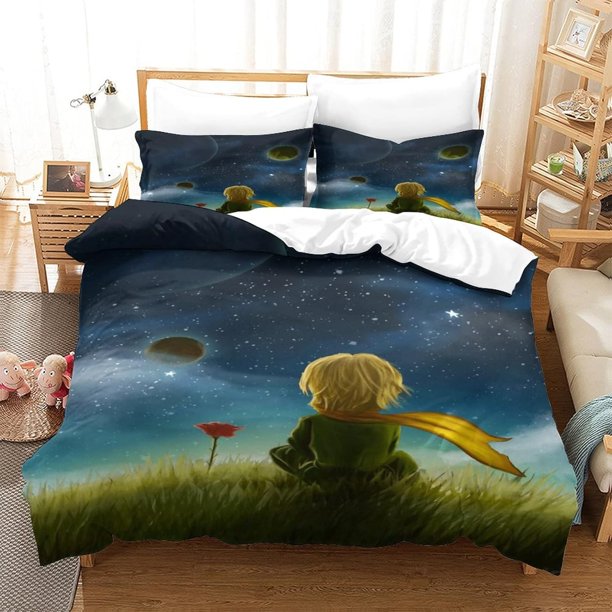KNITII Little Prince 3D Print Duvet Cover Set Single Print Duvet Bedding Set Bedding Set Soft Cartoon Design Little Prince Rose Lightweight Microfiber Quilt Cover with Zipper Closu