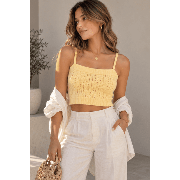 Top Mujer Tejido Calado Corto Con Tirantes amarillo Talla Única