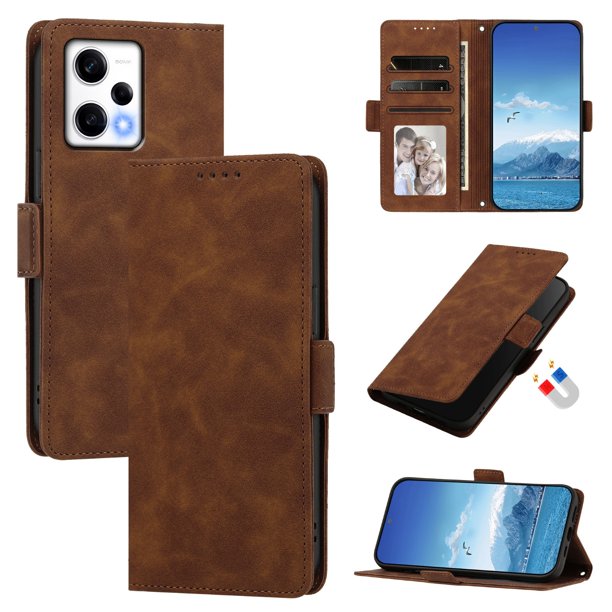 Funda Billetera Delgada para Xiaomi Redmi Note 12 Pro 5G con Ranuras y Soporte Marrón