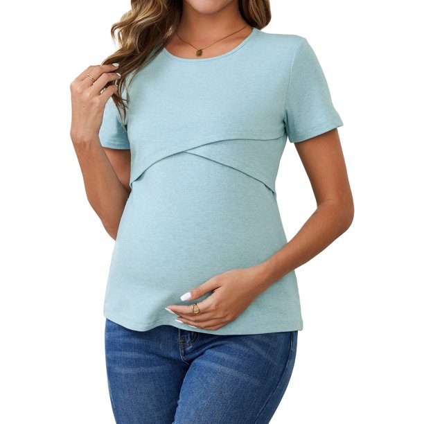 INSPIRE CHIC Camisetas de lactancia de manga corta de punto acanalado para mujer, parte superior de lactancia materna cruzada, grande, azul