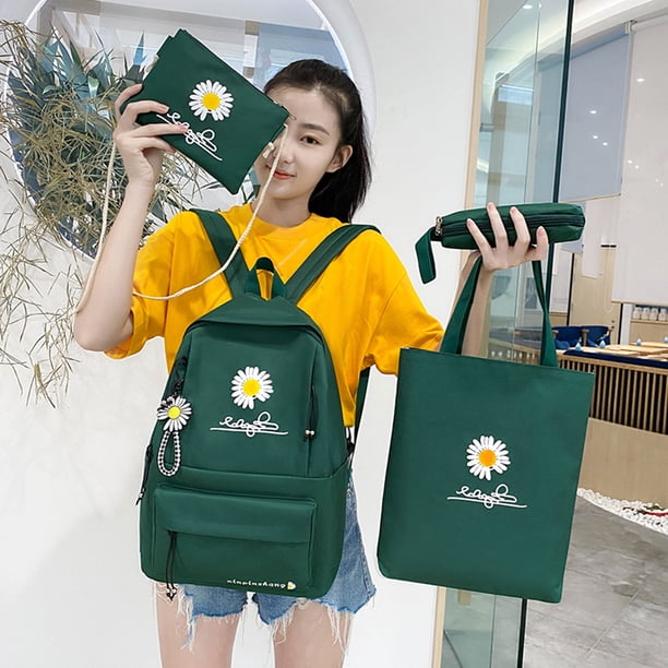 4pcs/Set Canvas Daisy Print Knapsack Large Capacity Student School Backpacks Fashion Teenagers Girls Bookbag New Travel Rucksack