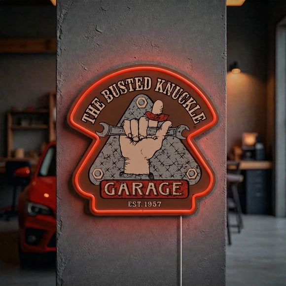 Letrero LED tipo placa American Art Decor The Busted Knuckle Garage
