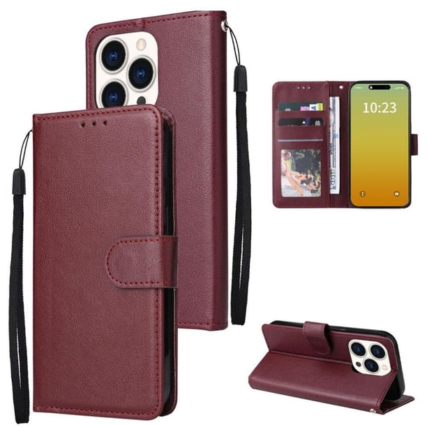 Funda Cartera para iPhone 15 Pro con Tarjetero, Soporte y Cordón - Protección Rojo