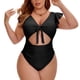thumbnail image 1 of Agnes Orinda Traje de Baño de Una Pieza para Mujer de Talla Grande para Escuela y Universidad, Bikini con Mangas Cortas, Corte con Volantes, Lazo Frontal, Fruncido, Playa, Vacaciones, Talla 4X, Negro, 1 of 9