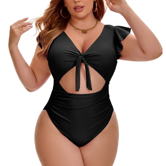 Agnes Orinda Traje de Baño de Una Pieza para Mujer de Talla Grande para Escuela y Universidad, Bikini con Mangas Cortas, Corte con Volantes, Lazo Frontal, Fruncido, Playa, Vacaciones, Talla 4X, Negro