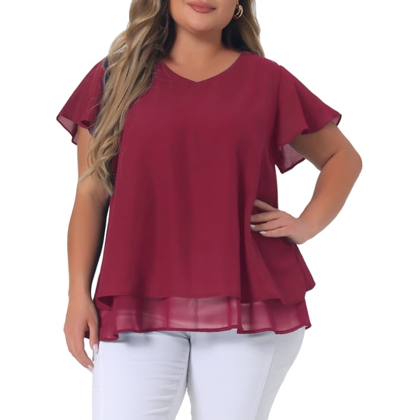 Agnes Orinda Blusa Casual de Talla Grande para Mujer de Chifón con Volantes, Mangas Cortas, Cuello en V, Dobladillo de Doble Capa, 4X Burdeos