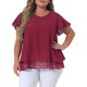 thumbnail image 1 of Agnes Orinda Blusa Casual de Talla Grande para Mujer de Chifón con Volantes, Mangas Cortas, Cuello en V, Dobladillo de Doble Capa, 4X Burdeos, 1 of 8