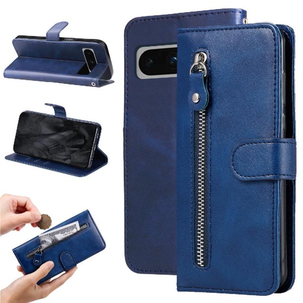 Funda tipo cartera para Google Pixel 8 Pro con bolsillo con cremallera y ranuras para tarjetas – Función de soporte Azul