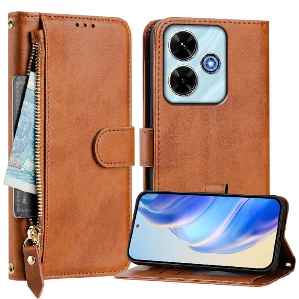 FOXDOCK Funda Tipo Cartera para Tecno Spark 5 Cuero PU con Cremallera y Correa de Muñeca, Ranuras para Tarjetas, Soporte Plegable, Cierre Magnético