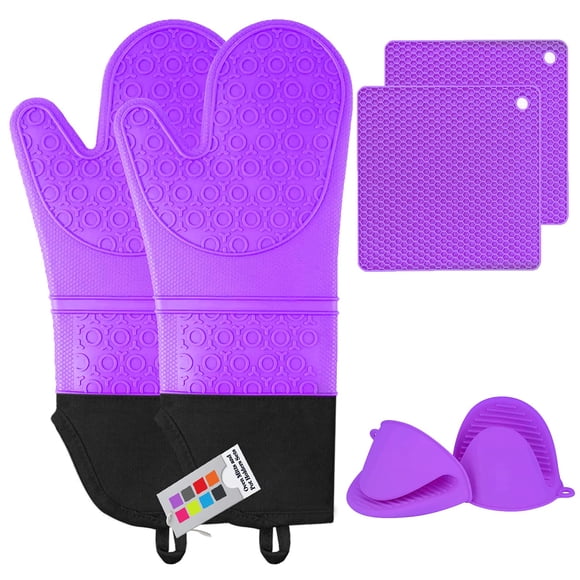 Juego de 6 piezas de guantes de horno y agarraderas de silicona color púrpura MTZRFLL