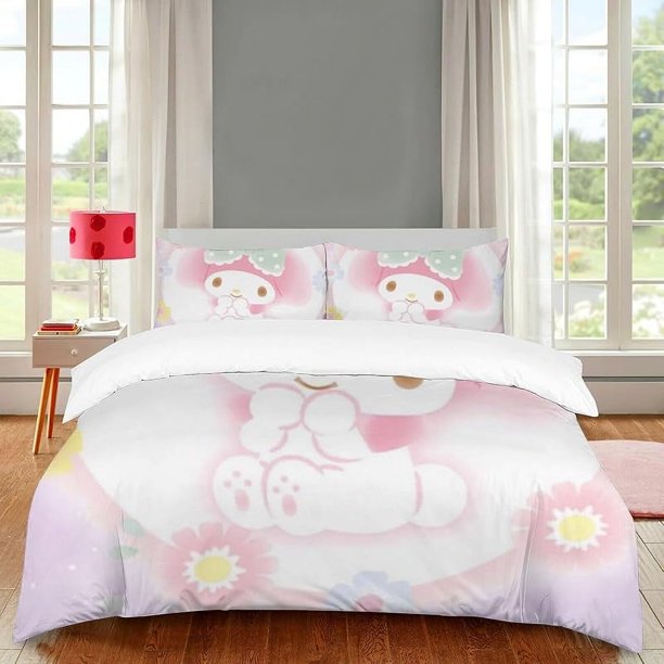Diez pink my bunny melody duvet cover set for Kids Girls soft microfiber 3pc bedding set-hello cat Kitty pomporin and cinnamon full