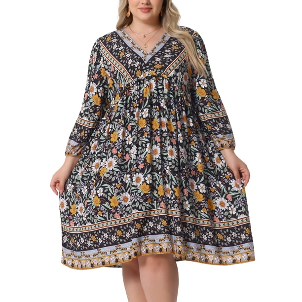 Agnes Orinda Vestido de Verano Talla Grande para Mujeres Escuela Universidad Casual Bohemio Floral Cuello en V Manga 3/4 Midi Corto Vestido de Playa 1X Negro Amarillo