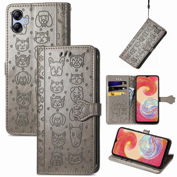 Funda Cartera FOXDOCK para Samsung Galaxy A04E , Flip PU con Relieve de Gatos y Perros, Tarjetero y Soporte