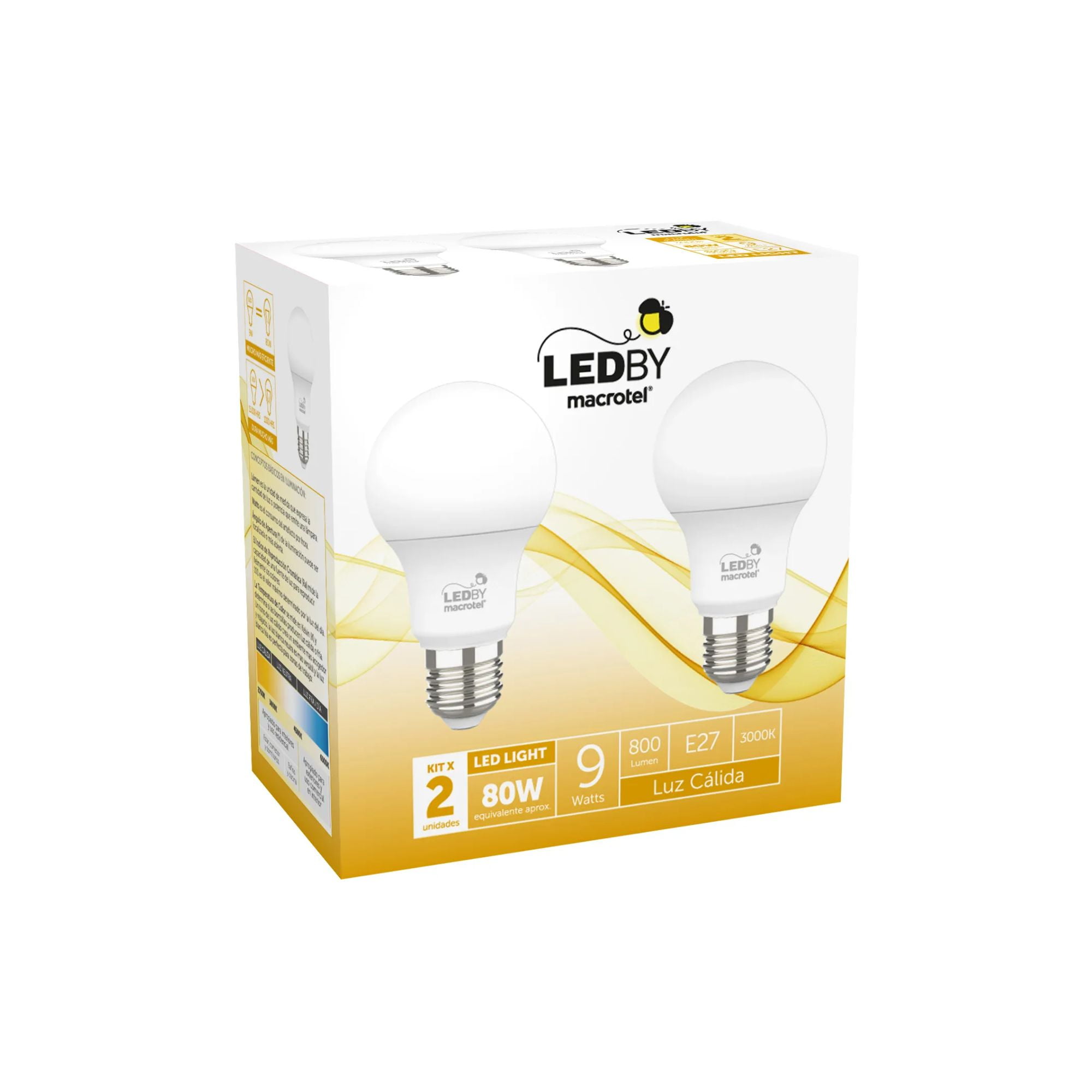 Ampolletas Led E27 Luz Cálida 3000k 9w Kit 2un - Macrotel