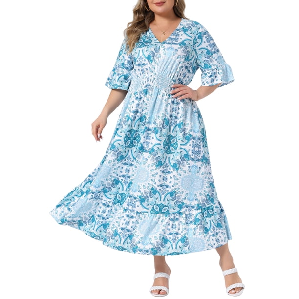 Vestidos Largos de Línea A Boho con Cuello en V y Mangas Acampanadas para Mujer de Talla Grande Agnes Orinda 3X Azul Cielo