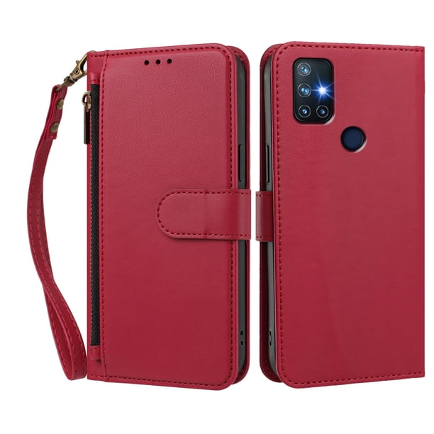 Funda Tipo Billetera para OnePlus Nord N10 5G con Soporte y Bolsillo con Cierre Rojo
