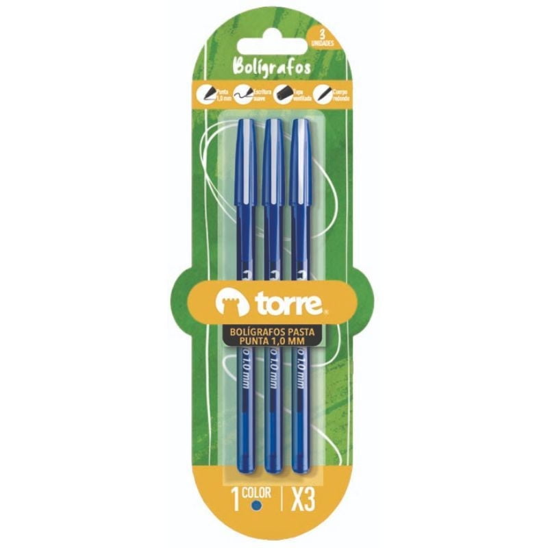 Set De 3 Boligrafos Color Azul Torre