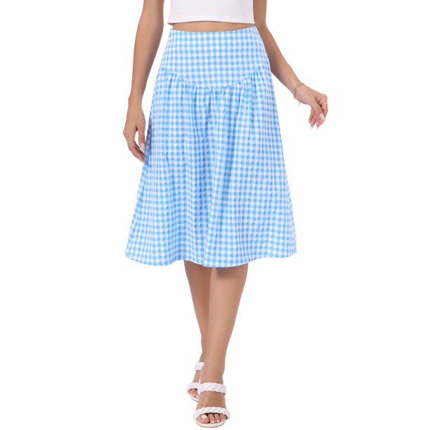 INSPIRE CHIC Falda de Cuadros para Mujeres Verano Retro Cintura Alta por Debajo de la Rodilla Faldas Acampanadas XS Azul Claro