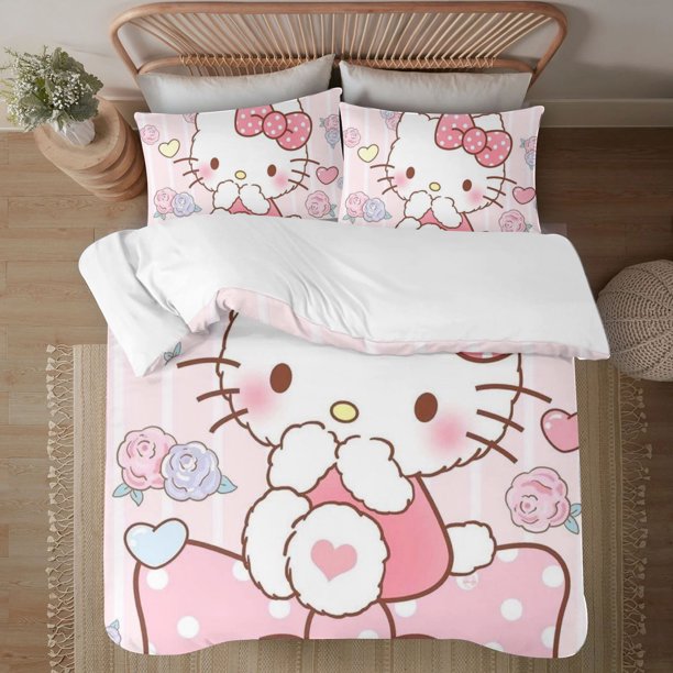 Hello Kitty 3-Piece Bedding Set For Kids Boys Girls Adult Cartoon Warm Cute Fashion Holiday Present Gift Bed Sheets