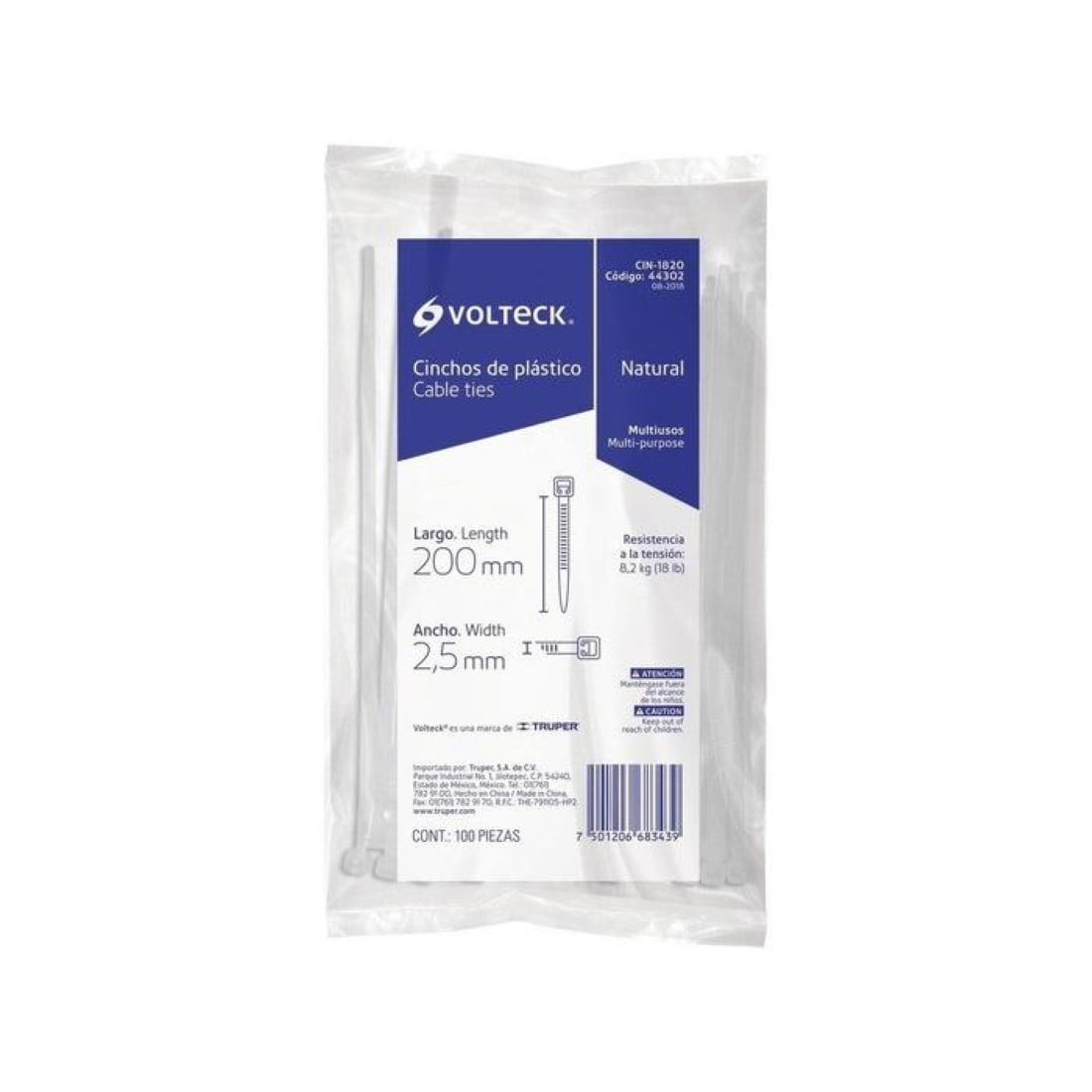 Volteck - Amarras Plásticas Transparente 2.5x200mm 100un