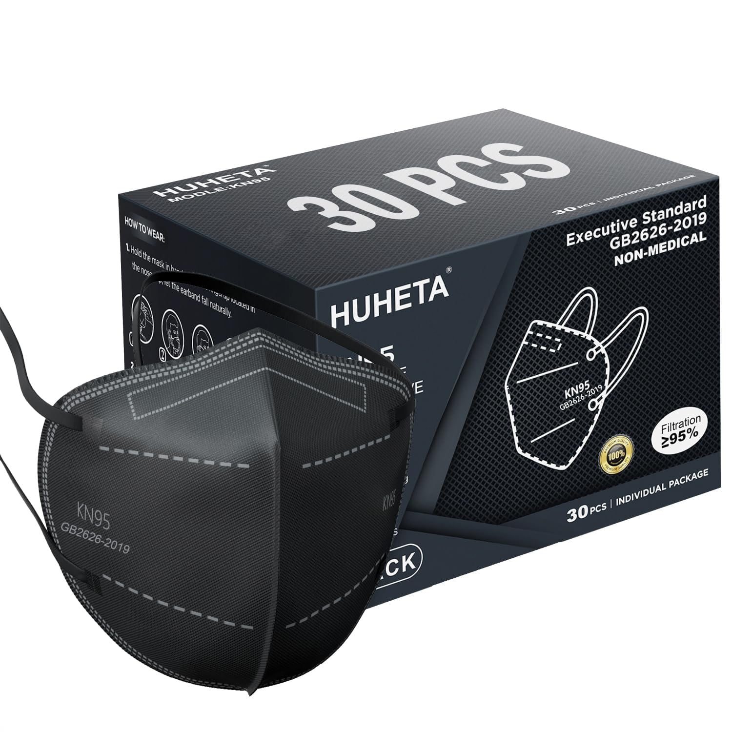 Mascarilla Facial Huheta Kn95 De 30 Unidades, 5 Capas, Negra
