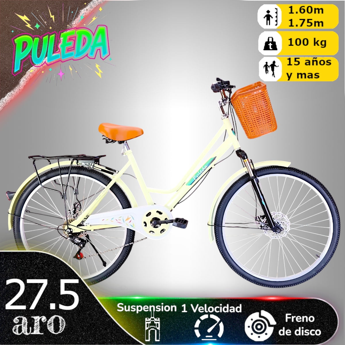 Vipnetwork - Bicicleta Aro 27.5 Puleda Beige De Paseo Con 7 Velocidades Y Freno Disco