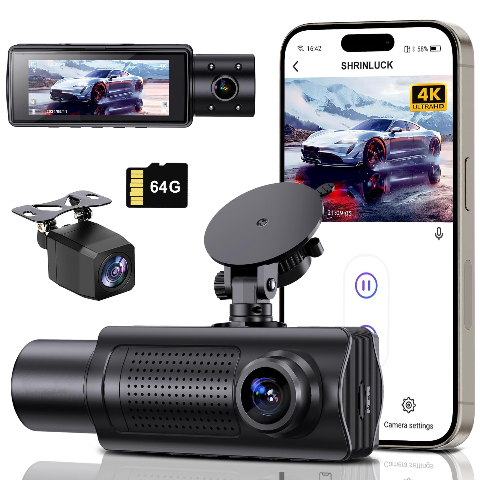 Shrinluck - Cámara Para Auto X5 4k+1080p De 3 Canales Con Wifi Y 64 Gb