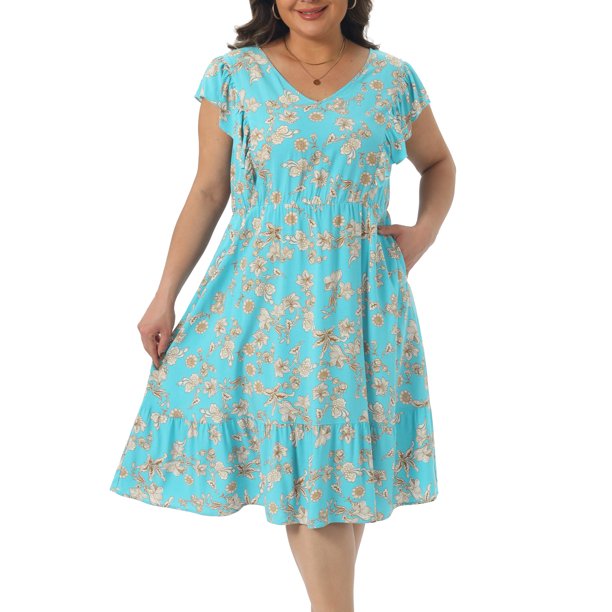 GRACE & GRANDEUR Vestido de línea A con cuello en V floral, mangas con volantes, cintura elástica y bolsillos para mujer de talla grande 1X Azul Lago