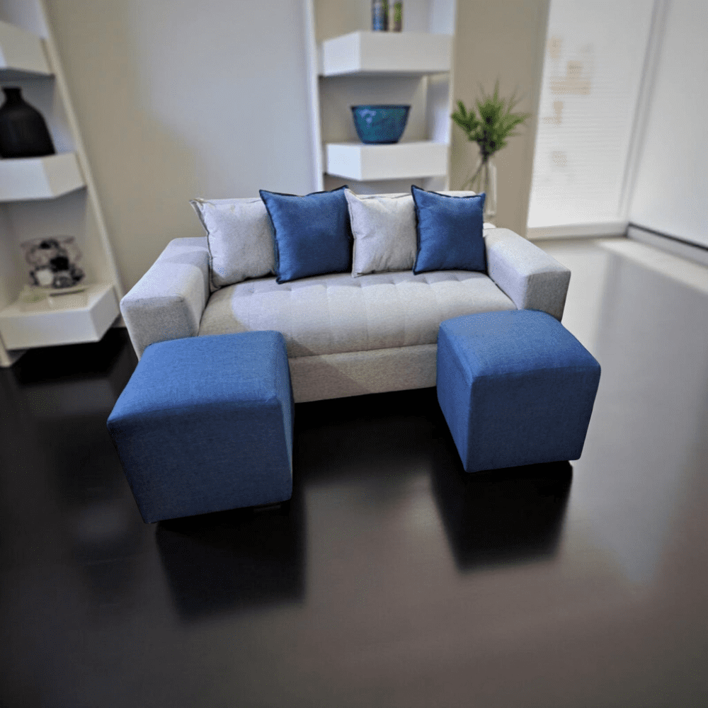 Muebles New - Sofa Dos Cuerpos Mas Dos Puff Gris Lino