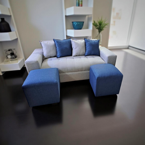 Muebles New - Sofa Dos Cuerpos Mas Dos Puff Gris Lino