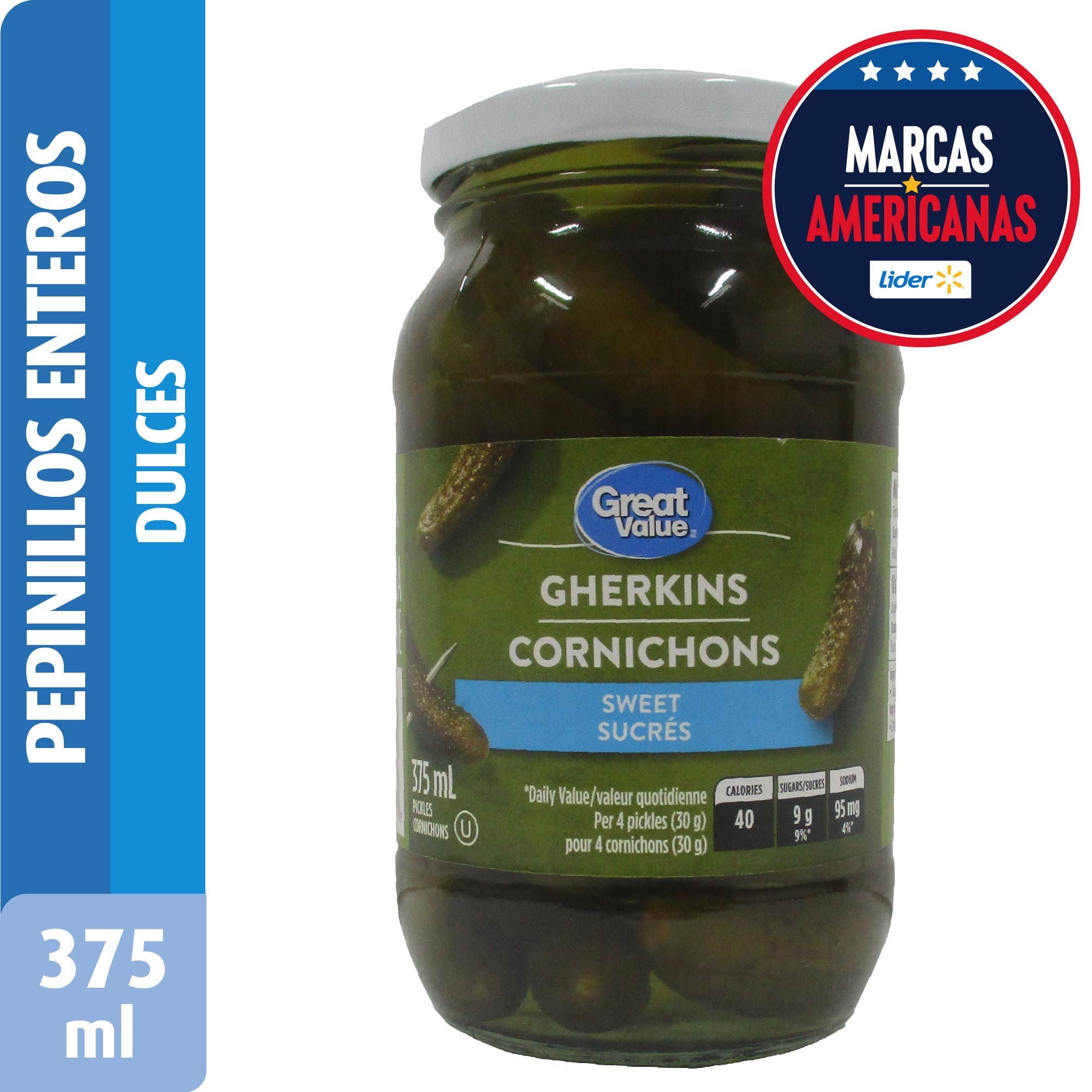 Pepinillos Enteros Dulces Frasco Drenado 200 g - Neto 413 g Great Value