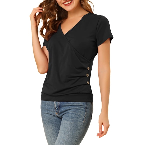 INSPIRE CHIC Blusas de Mujer con Envolvente, Cuello en V, Mangas Cortas, Decoración de Botones, Fruncido, Casual, Negro L