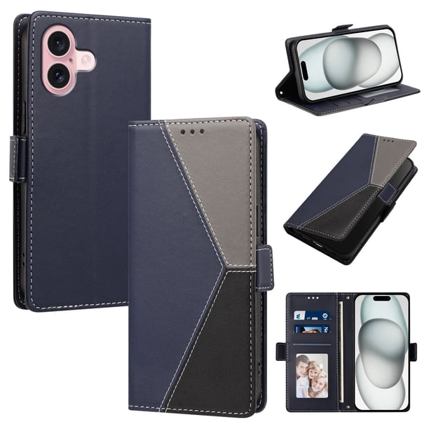 Funda Cartera Tricolor para iPhone 16 con Ranuras para Tarjetas, Azul Oscuro