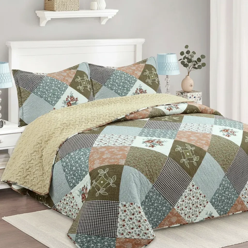 Casadeliacl - Cubrecama Quilt Sherpa 2pl Tierra Verde Oliva Azul Suave Y Beige Motivos Florales Y Geométricos