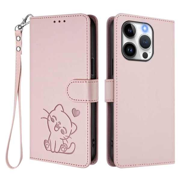 Funda Billetera con Relieve de Gato para iPhone 15 Pro, Rosa