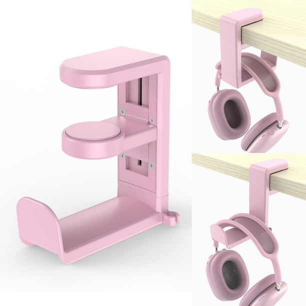 Soporte ajustable para auriculares - Soporte para auriculares de juegos de PC con giro de 360 grados, colgador con abrazadera para debajo del escritorio, organizador con clip para cables -Rosa