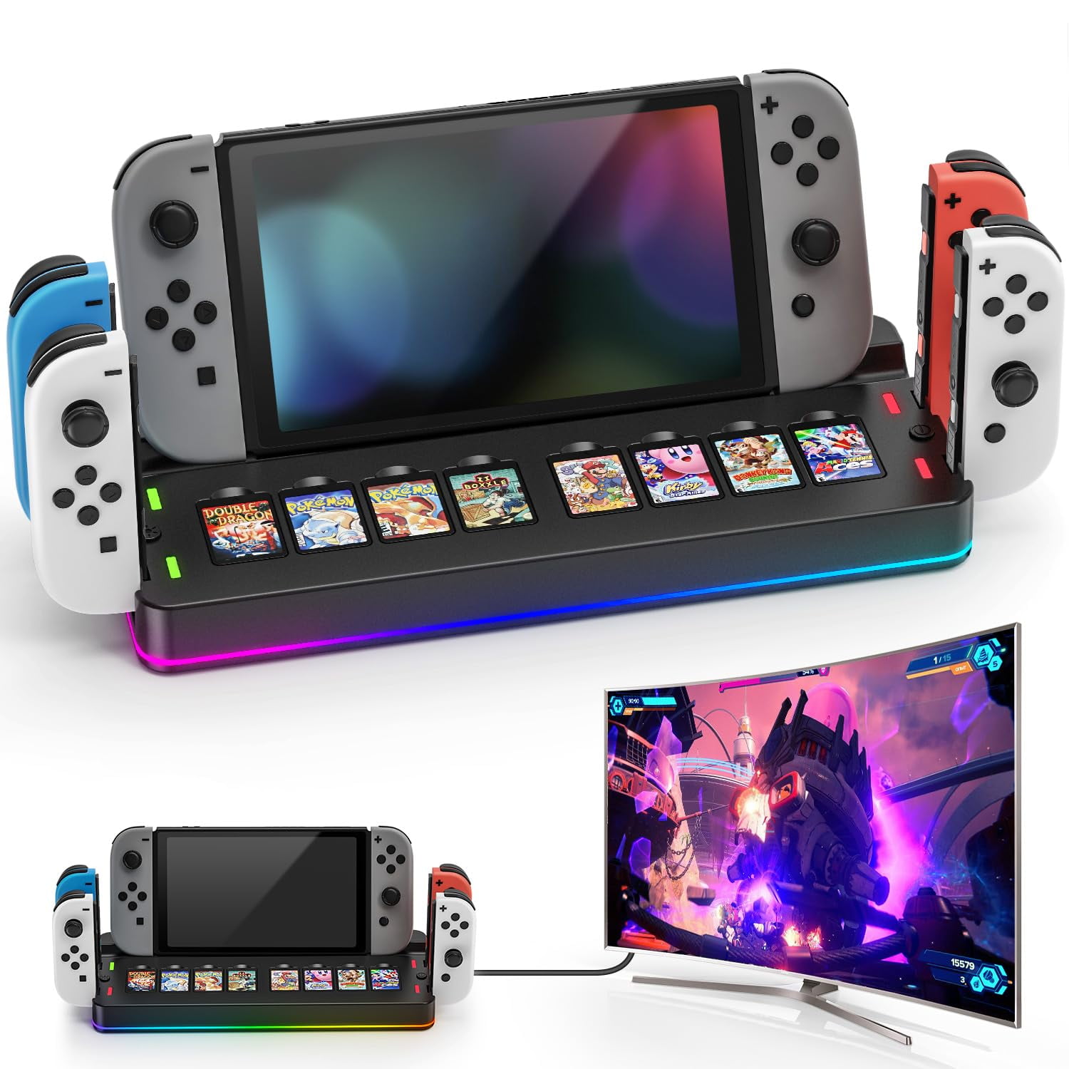 Genérico - Dock Station Compatible Con Nintendo Switch/oled, Adaptador Hdmi 4k, 4 Cargadores Joycon, 8 Ranuras Para Juegos, Dock Portátil De Carga De Tv Para Switch Kit De Accesorios-negro
