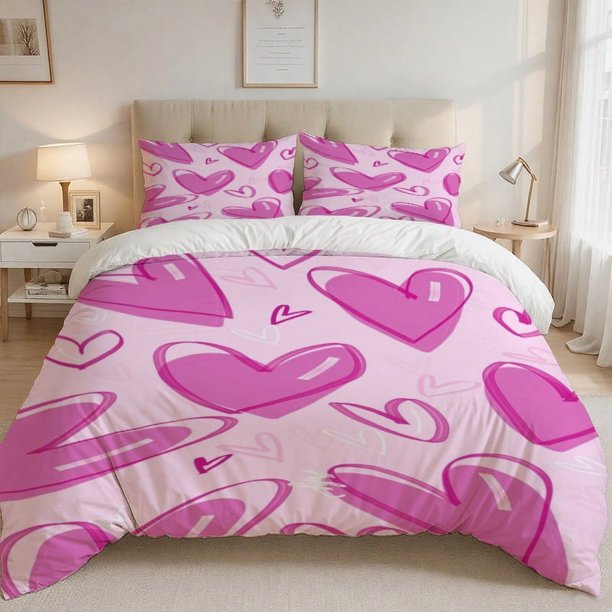 3pcs Pink Heart Pattern Printed Bedding Set Soft Light Beige-Friendly Polyester Fabric