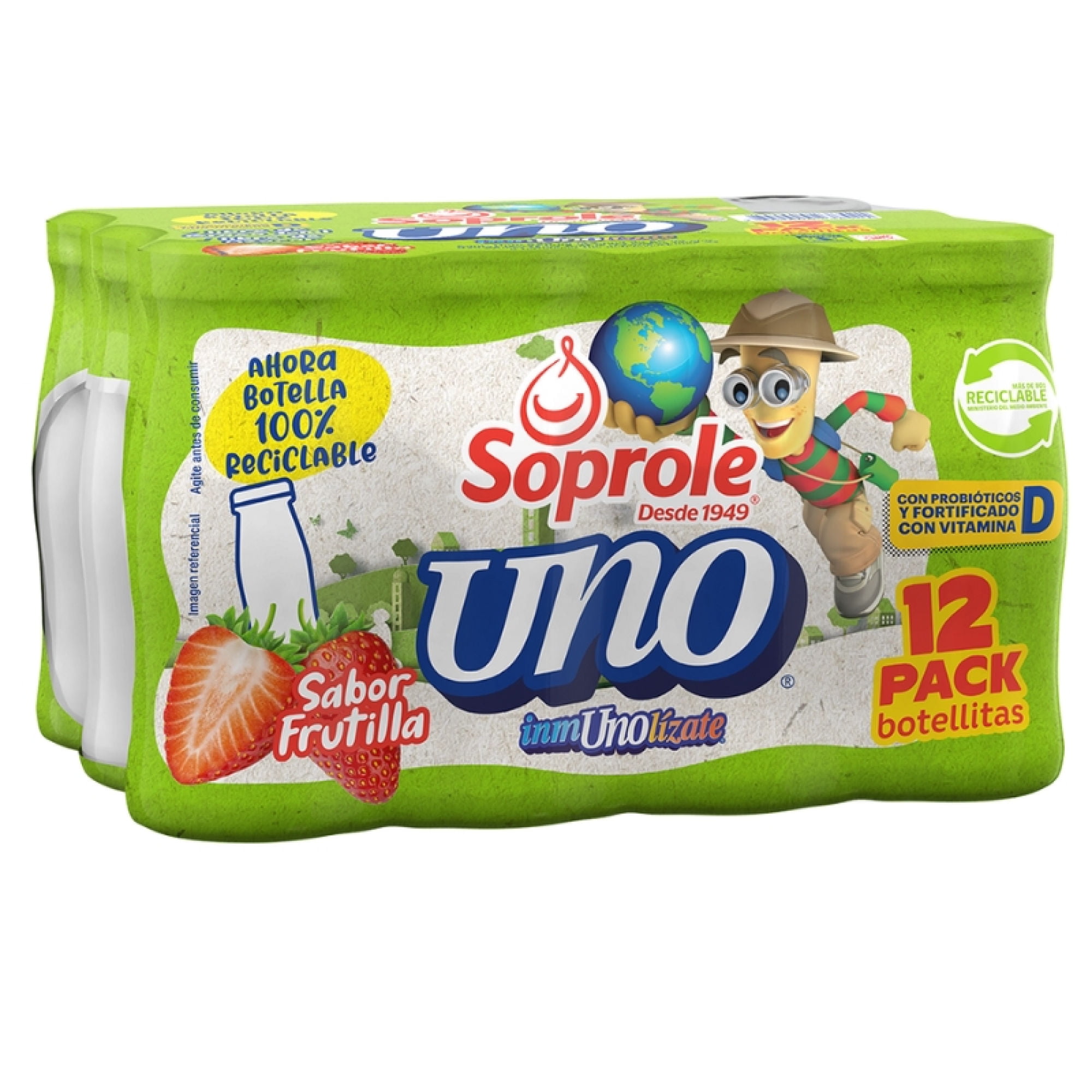 Bebida Láctea Probiótico Uno Sabor Frutilla Pack 12 Botella 80 ml c/u Soprole