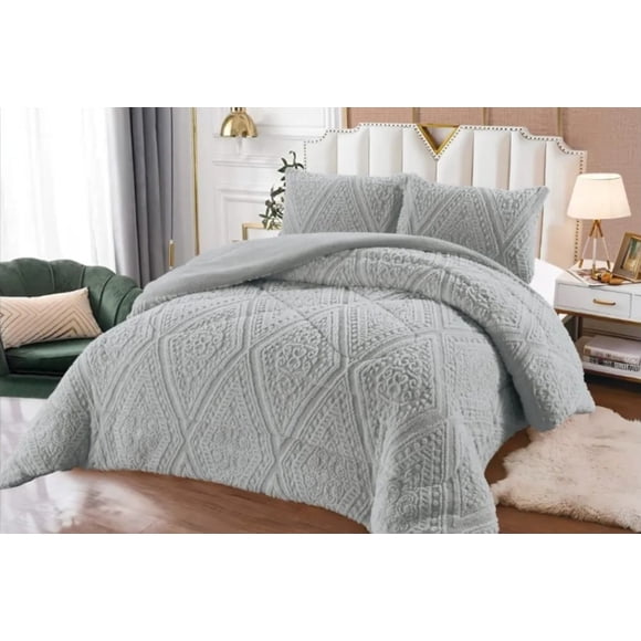 Plumón Gris 2 Plazas Diseño Trenzado, Polar + 2 Fundas Polar