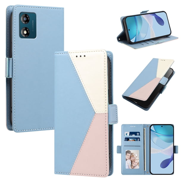 Cartera de PU Tricolor para Motorola Moto E13 con Ranuras y Soporte, Azul Claro