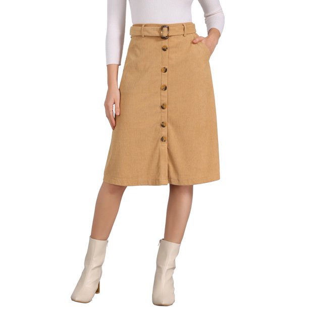 INSPIRE CHIC Falda Midi de Pana de Cintura Alta para Mujer, Línea A, con Botones al Frente, Plisada, con Cinturón y Bolsillos, Color Camel, Talla M