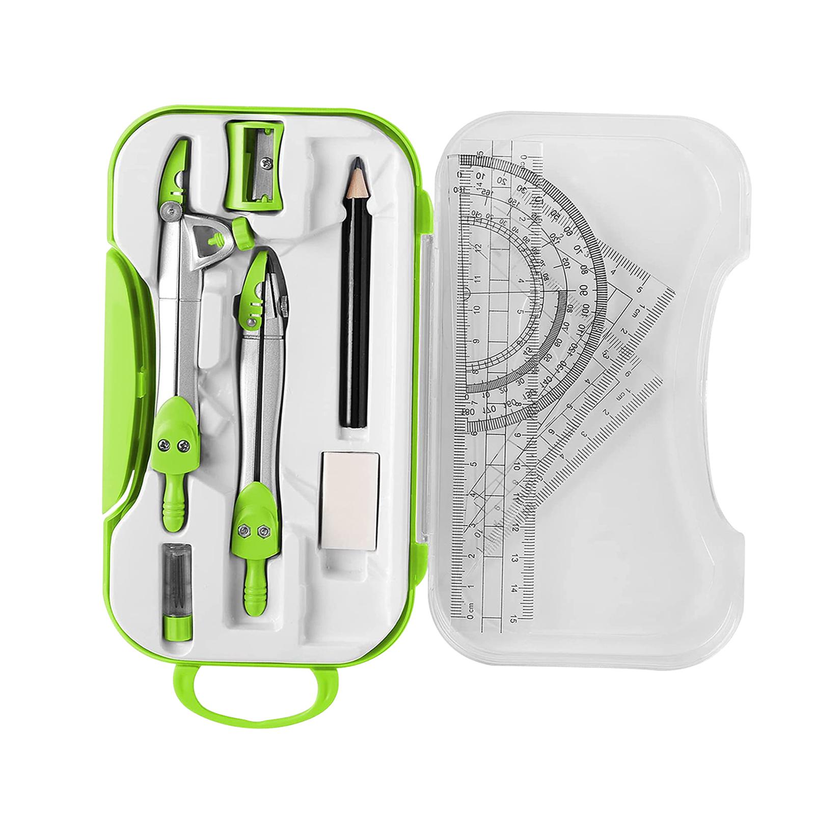 Magideal - Kit De Geometría Matemática, Juego De Brújula, Transportador, Regla Triangular, Papelería, Escolaridad Con Estuche De Almacenamiento Para Dibujo, , Verde