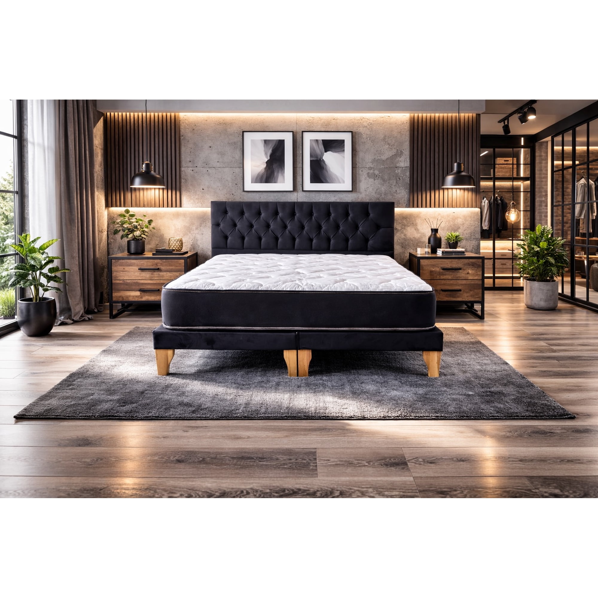 Genérico - Cama Europea 2 Plazas Base Dividida Respaldo Capitone Negro Colchón Híbrido