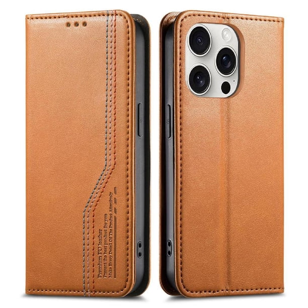 Funda tipo cartera para iPhone 16 Pro Max de piel con cierre magnético, ranuras para tarjetas y correa para la muñeca Marrón